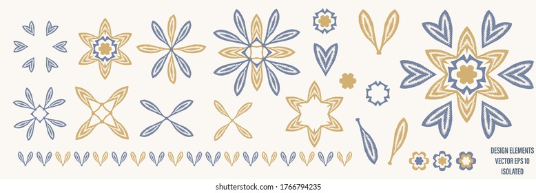 Diseño de hojas rústicas de estilo casa de campo francesa. Clásico motivo de adorno chic de color amarillo oscuro. Clíparte de época dibujada a mano. Colección de conjunto de líneas gráficas vectoriales aisladas.