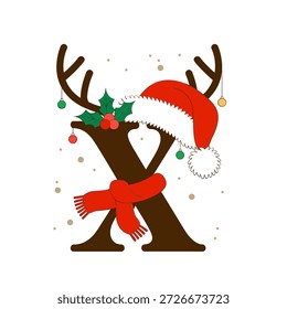 Letra rústica X con sombrero de Santa, astas de reno, bufanda roja, bayas de acebo, adornos colgantes, Vector de Navidades festivas, fondo