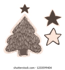 Rustic Linocut Christmas Tree Vector Element Illustration Set. Hand Drawn Block Print for Festive Ornament, Gingerbread Cookie, Scandi Decor, Nordic Wrap. Winter Pine Spruce. Natural Ecru Beige Brown 