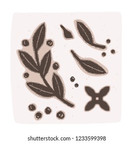 Rustic Linocut Folk Art Leaves Vector Element Illustration Set. Hand Drawn Folklore Leaf Berries Block Print for Scandi Decor, Xmas Tag Packaging. Trendy Nordic Wrap. Natural Winter Ecru Beige Brown
