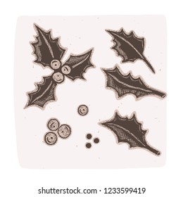 Rustic Linocut Holly Leaves Vector Element Illustration Set. Hand Drawn Festive Leaf Berries Block Print for Scandi Christmas Decor, Tag Packaging. Trendy Nordic Wrap. Natural Winter Ecru Beige Brown 