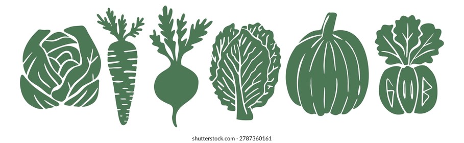  Rustic linocut vegetable silhouettes set — cabbage, carrot, beet, lettuce, pumpkin, and radish in earthy green, a cottagecore illustration perfect for rustic farm design