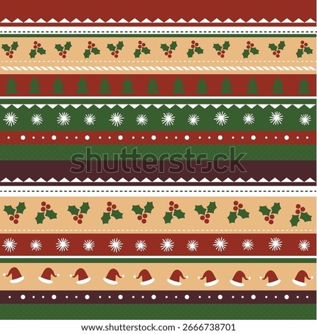 Rustic Lodge Christmas Stripe Seamless Pattern with Holly, Trees, Stars and Santa Hats for Holiday Borders and Wrapping
