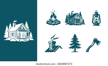 Rustic Log Cabin and Camping Vector Icon Set featuring Campfire, Lantern, Pine Tree, Axe, and Chimney Icons for Outdoor Adventure Designs. Flat vector illustration EPS 10.
