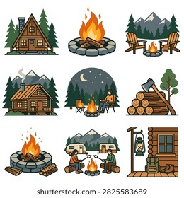 Rustic log cabin and cozy camping campfire scenes.