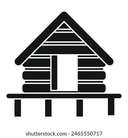 Rustic log cabin icon illustration in simple black and white vector graphic design. Featuring a wooden lodge outline symbol. Homestead. And nature cottage isolated design