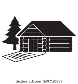 Ícone de cabine de registro rústico com silhueta de pinheiro e elemento de design de esteira de boas-vindas para ilustração vetorial e projetos gráficos