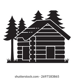 Rustic Log Cabin with Pine Trees Silhouette for Adventure and Wilderness Designs Simple Black and White Illustration