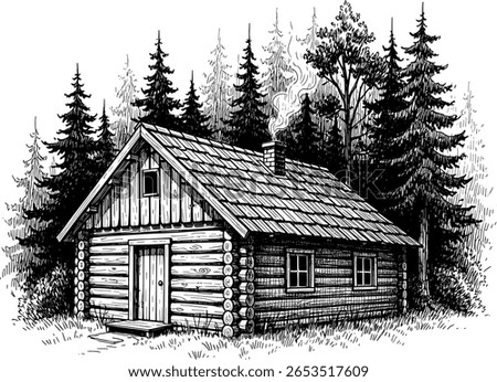 A rustic log cabin sits nestled amongst tall pine trees, smoke rising from its chimney.