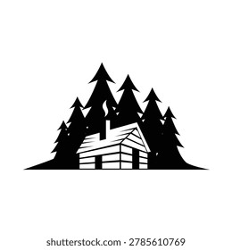 A rustic log cabin with a smoking chimney nestled in a dense pine forest, presented as a monochrome silhouette. Ideal for nature, outdoor, and travel themes.