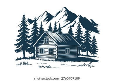 Rustic log cabin surrounded by tall pine trees and snowy mountains wood