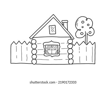 Rustic log house with fence and apple tree. Vector illustration in the style of simple doodles.