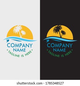 rustic logo design of the beach theme with coconut trees plus a surfboard