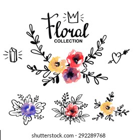 Rustic  logo template with watercolor flowers and branches. Hand drawn vintage vector design elements.