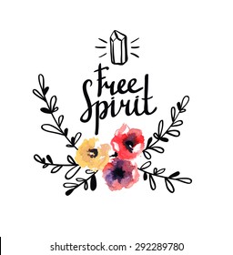 Rustic  logo template with watercolor flowers and branches. Hand drawn vintage vector design elements.