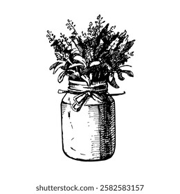 Rustic, mason and canning jar with bouquet of lavender, hand drawn sketch vector illustration