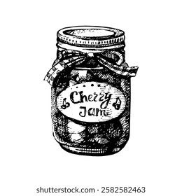 Rustic, mason and canning jar, hand drawn sketch vector illustration of cherry jam