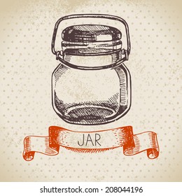 Rustic, mason and canning jar. Vintage hand drawn sketch design. Vector illustration