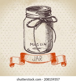 Rustic, Mason And Canning Jar. Vintage Hand Drawn Sketch Design. Vector Illustration