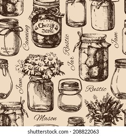 Rustic, mason and canning jar. Vintage hand drawn sketch seamless pattern. Vector illustration