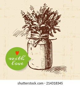 Rustic Mason Canning Jar. Vintage Hand Drawn Sketch Design. Vector Illustration