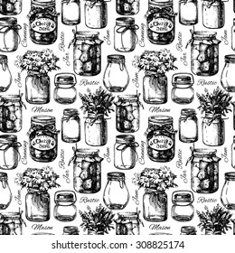 Rustic, Mason And Canning Jar. Vintage Hand Drawn Sketch Seamless Pattern. Vector Illustration