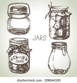 Rustic, mason and canning jars hand drawn set. Sketch design elements. Vector illustrations