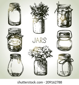 Rustic, mason and canning jars hand drawn set. Sketch design elements. Vector illustrations