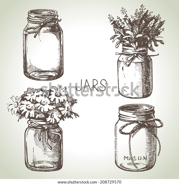 Rustic, mason and canning jars hand
drawn set. Sketch design elements. Vector
illustrations