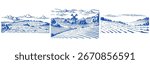 Rustic meadow hand drawn village landscape illustrations with fields and windmill. Beautiful scentic view for milk, cheese farm products. Eco food.
