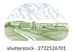 Rustic meadow hand drawn village landscape illustrations with fields, house and windmill. Beautiful rural scentic farm view for milk, cheese farm products. Eco natural food engraving.