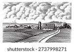 Rustic meadow hand drawn village landscape illustrations with fields, house and windmill. Beautiful rural scentic farm view for milk, cheese farm products. Eco natural food engraving.