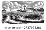 Rustic meadow hand drawn village landscape illustrations with fields, house and windmill. Beautiful rural scentic farm view for milk, cheese farm products. Eco natural food engraving.