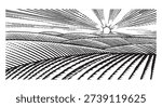Rustic meadow hand drawn village sunset landscape illustrations with fields full of grass. Beautiful rural scentic view for milk, cheese farm products. Eco natural food engraving.