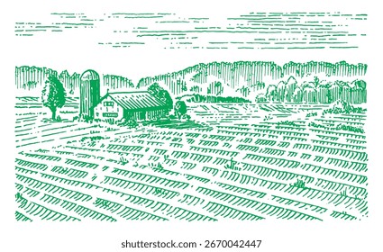 Prado rústico mão desenhada aldeia paisagem ilustração com campos. Bela vista científica para o leite, produtos da fazenda de queijo. Comida ecológica.
