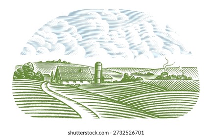 Rustic meadow hand drawn village landscape illustrations with fields, house and windmill. Beautiful rural scentic farm view for milk, cheese farm products. Eco natural food engraving.
