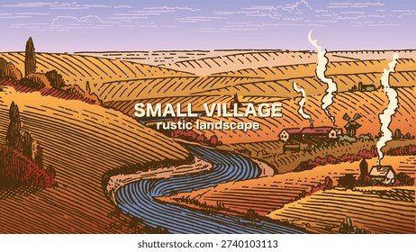 Rustic meadow hand drawn village landscape illustration with fields. Beautiful scentic view for milk, cheese farm products. Eco food.