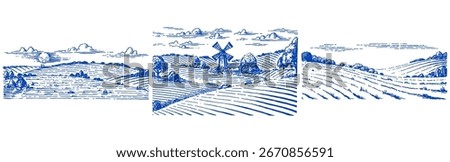 Rustic meadow hand drawn village landscape illustrations with fields and windmill. Beautiful scentic view for milk, cheese farm products. Eco food.