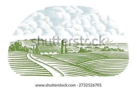 Rustic meadow hand drawn village landscape illustrations with fields, house and windmill. Beautiful rural scentic farm view for milk, cheese farm products. Eco natural food engraving.