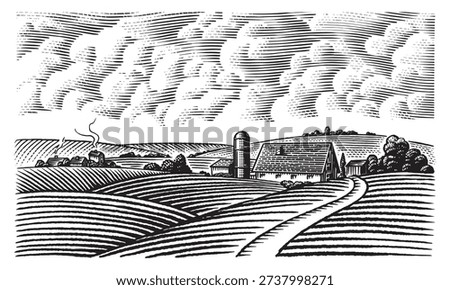 Rustic meadow hand drawn village landscape illustrations with fields, house and windmill. Beautiful rural scentic farm view for milk, cheese farm products. Eco natural food engraving.