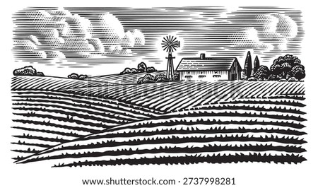 Rustic meadow hand drawn village landscape illustrations with fields, house and windmill. Beautiful rural scentic farm view for milk, cheese farm products. Eco natural food engraving.