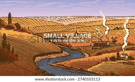 Rustic meadow hand drawn village landscape illustration with fields. Beautiful scentic view for milk, cheese farm products. Eco food.