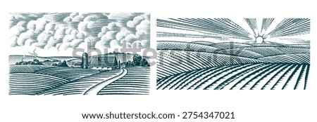 Rustic meadow hand drawn village landscapes illustrations with fields, house, cow oak and windmill. Beautiful rural scentic farm view for milk, cheese farm products. Eco natural food engraving.