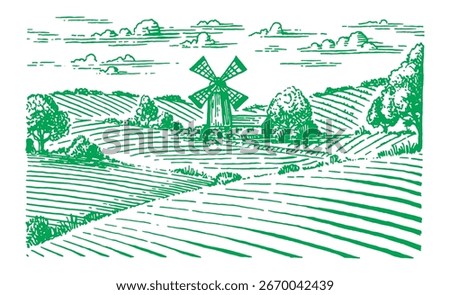 Rustic meadow with windmill hand drawn village landscape illustration with fields. Beautiful scentic view for milk, cheese farm products. Eco food.