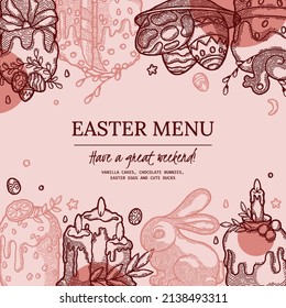 Rustic Menu Book Template, vector image for Recipe Book, Delivery. Ready to Use Illustration with Design Elements. Easter Cake Kulich with Orange, Seed, Candle, Duck, Colored Egg on Plate and Candy