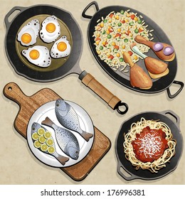 Rustic menu illustration. Retro, vintage style Chicken Thighs, Rice, Fried Eggs, Fish, Spaghetti, Frying Pan and one old Cutting Board realistic illustration. Old fashioned foods poster. 