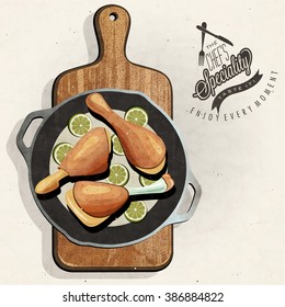 Rustic menu illustration. Retro vintage style Chicken in one old Pan. The Chef Specialty.  Bon appetite.