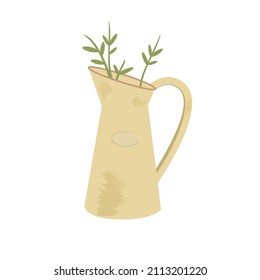 Rustic metal jug with green branches. Old farm house garden decorative element. Flat vector illustration.