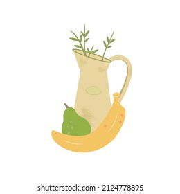 Rustic metal jug with green branches and fresh fruits. Old farm house garden decorative element. Flat vector illustration isolated from background.