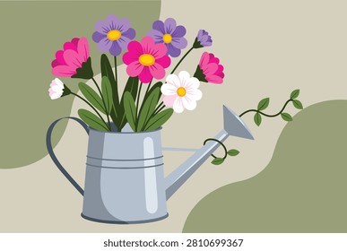 Rustic metal watering can being used as a decorative vase filled with a vibrant bouquet of pink, purple, and white flowers.